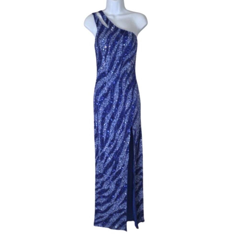 Sophia Thomas Gown 2 Blue Soft Sequin Pads One-Shoulder Slit Zipper NWOT $598